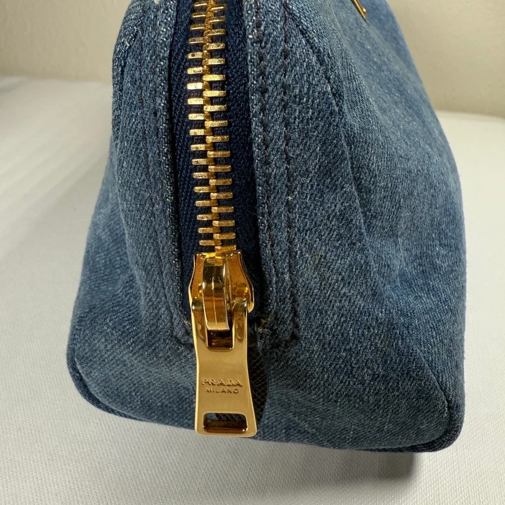 Prada Blue Denim Triangle Logo Pouch with Gold Hardware - Picture 10 of 16